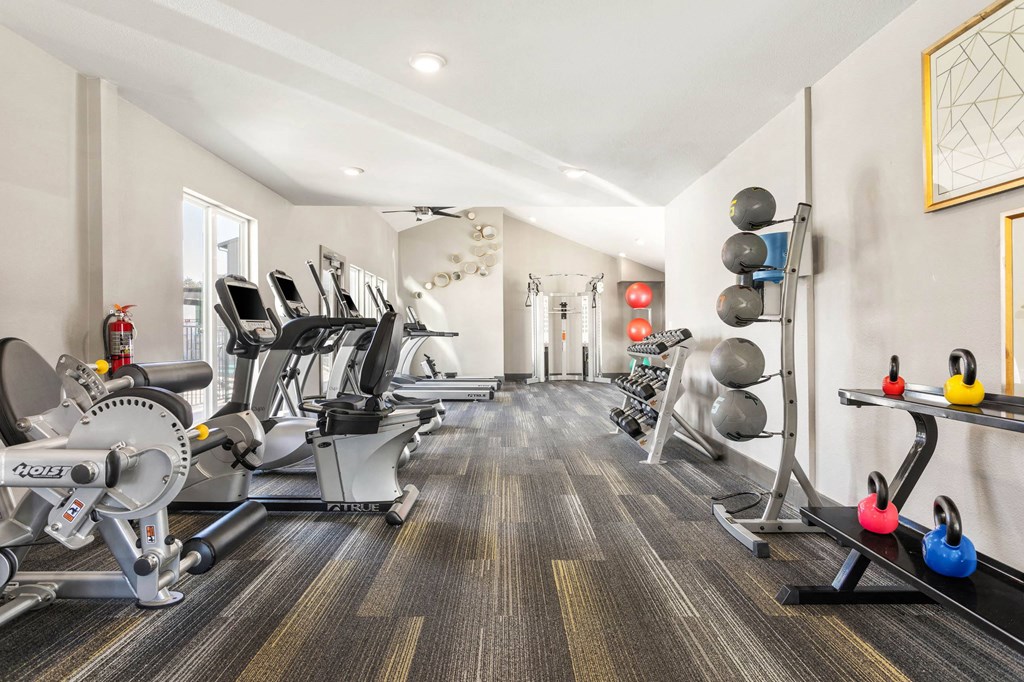 a gym with cardio machines and weights on the floor a gym with cardio machines and weights on the floor at South Lamar Village, Austin